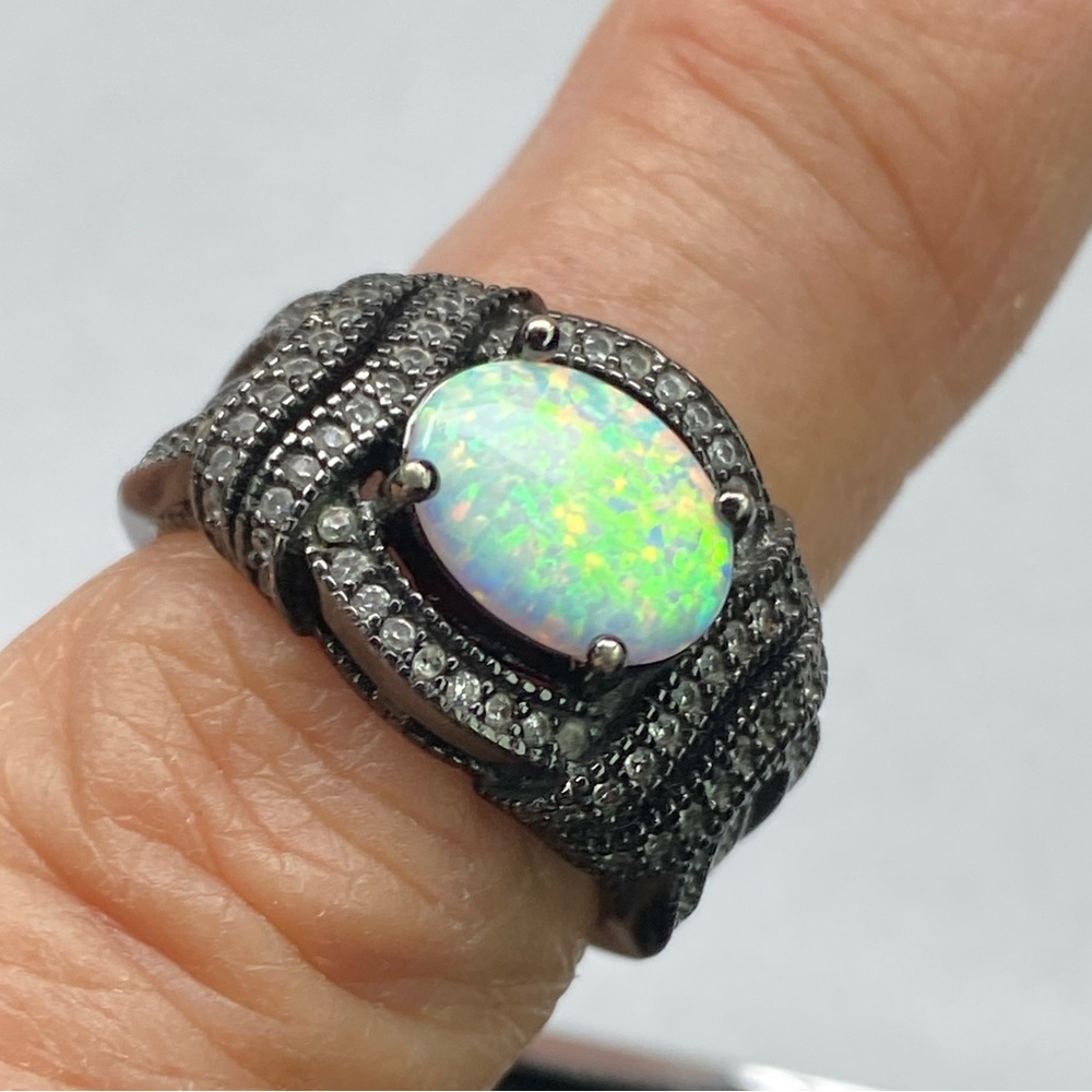 Elegant Stamped Sterling Silver Ring CZ Opal